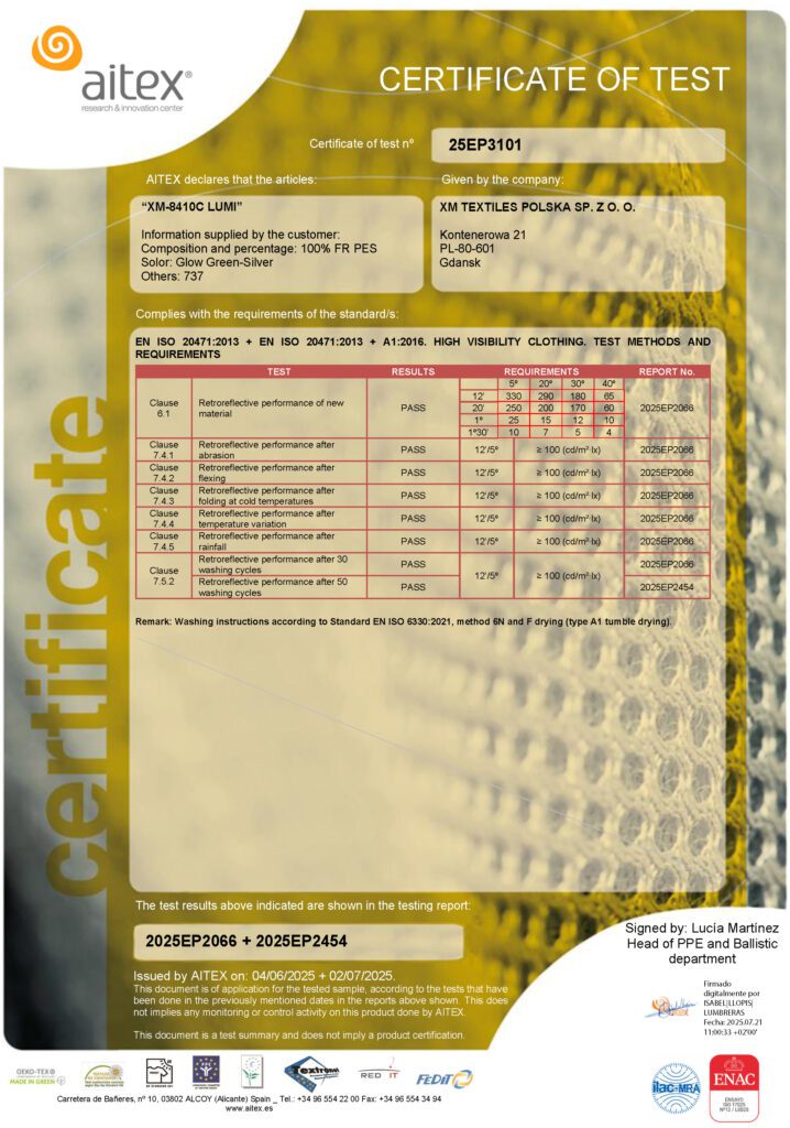 XM-8410C: EN 20471 (50×60°C) XM-8410C: EN 20471 (50×60°C)