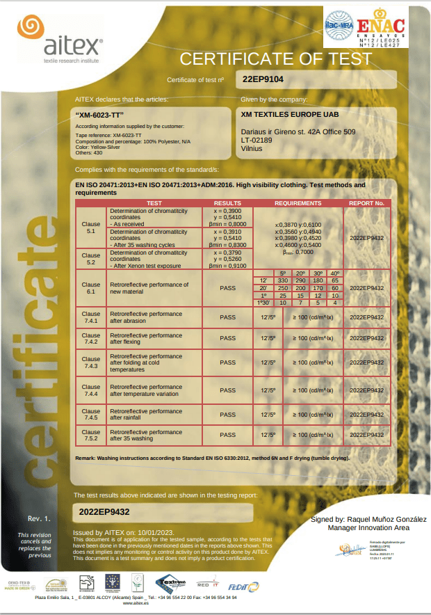 XM-6023-TT: EN 20471 (35×60°C)