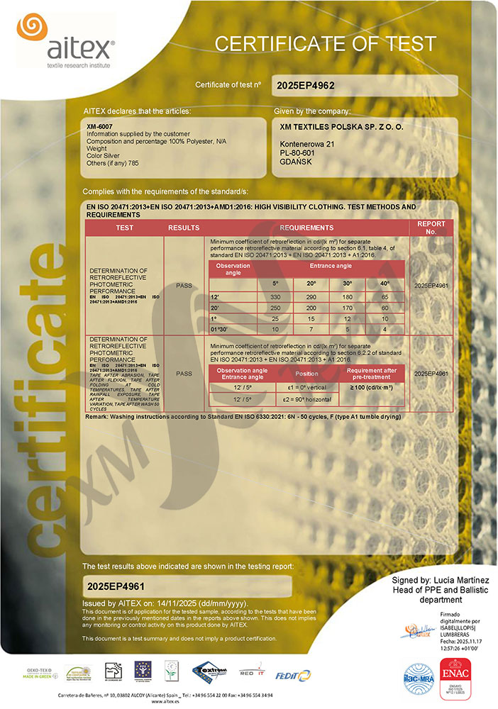 XM-6007: EN 20471 (50×60°C) XM-6007: EN 20471 (50×60°C)