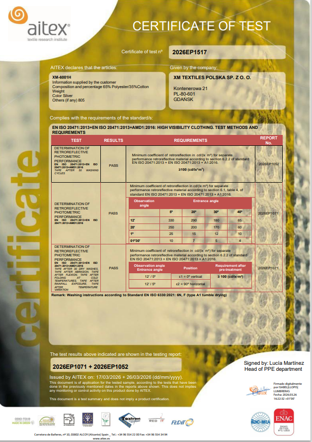 XM-6001H: EN 20471 (after 30 cycles of dry cleaning)