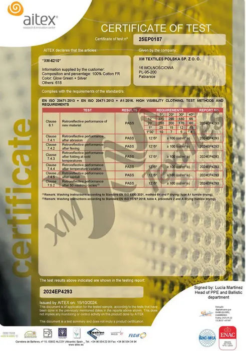 XM-6210: EN 20471 (50x60°C, 25x75°C)