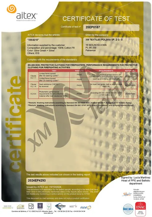 XM-6210: EN 469 (50x60°C, 25x75°C)