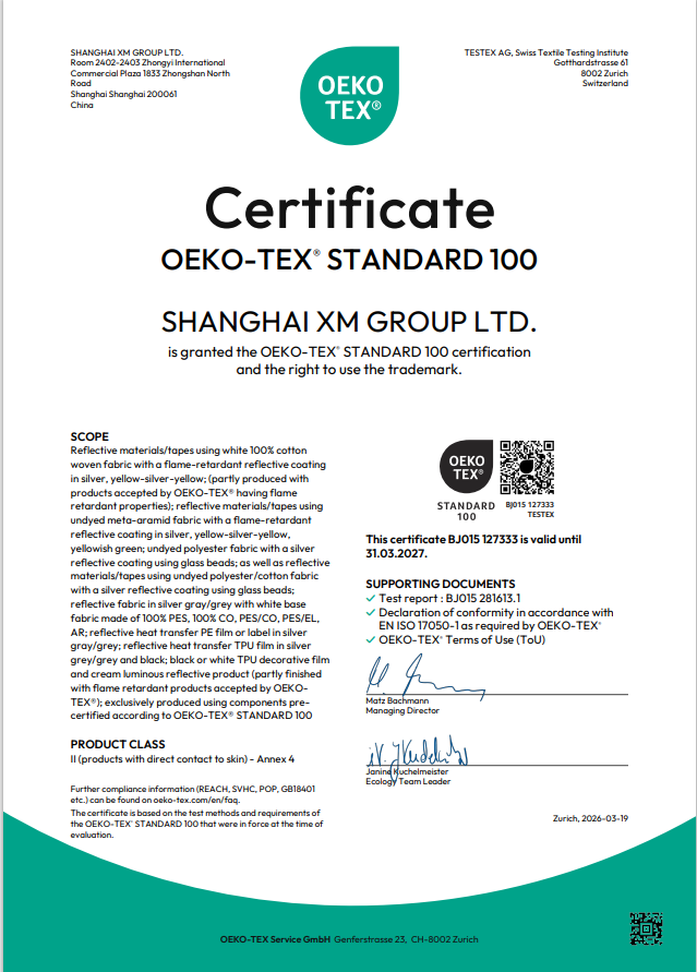 New Oeko-tex 100 Certificate for reflective tapes 2026/2027