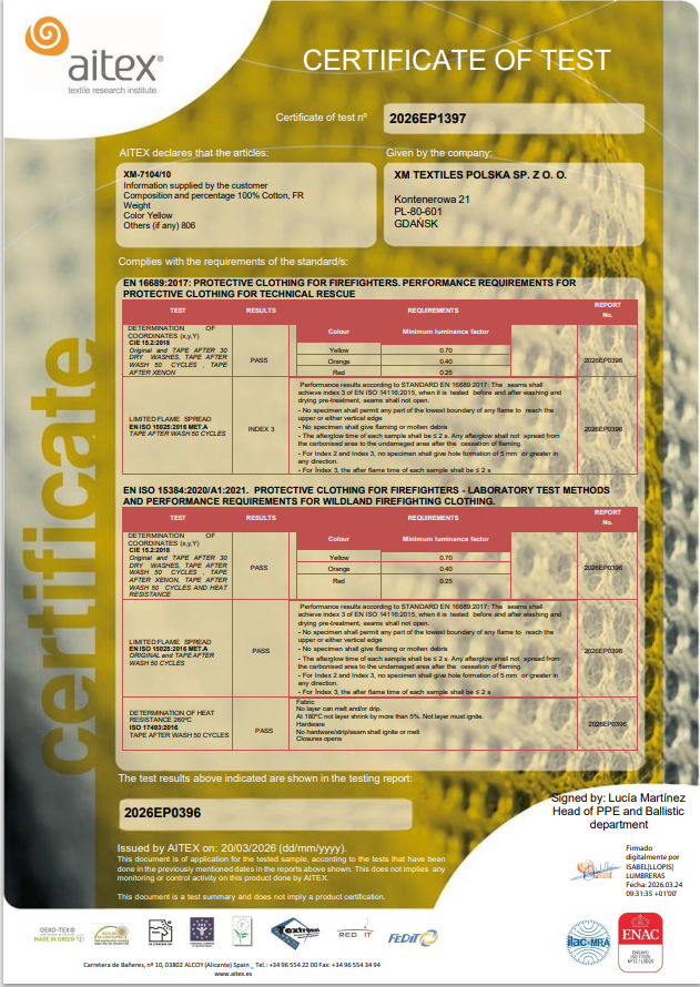 XM-7104/10: EN 20471, EN 469, EN 15384, EN 11612, EN 16689 (50×60°C, 30x dry clean)